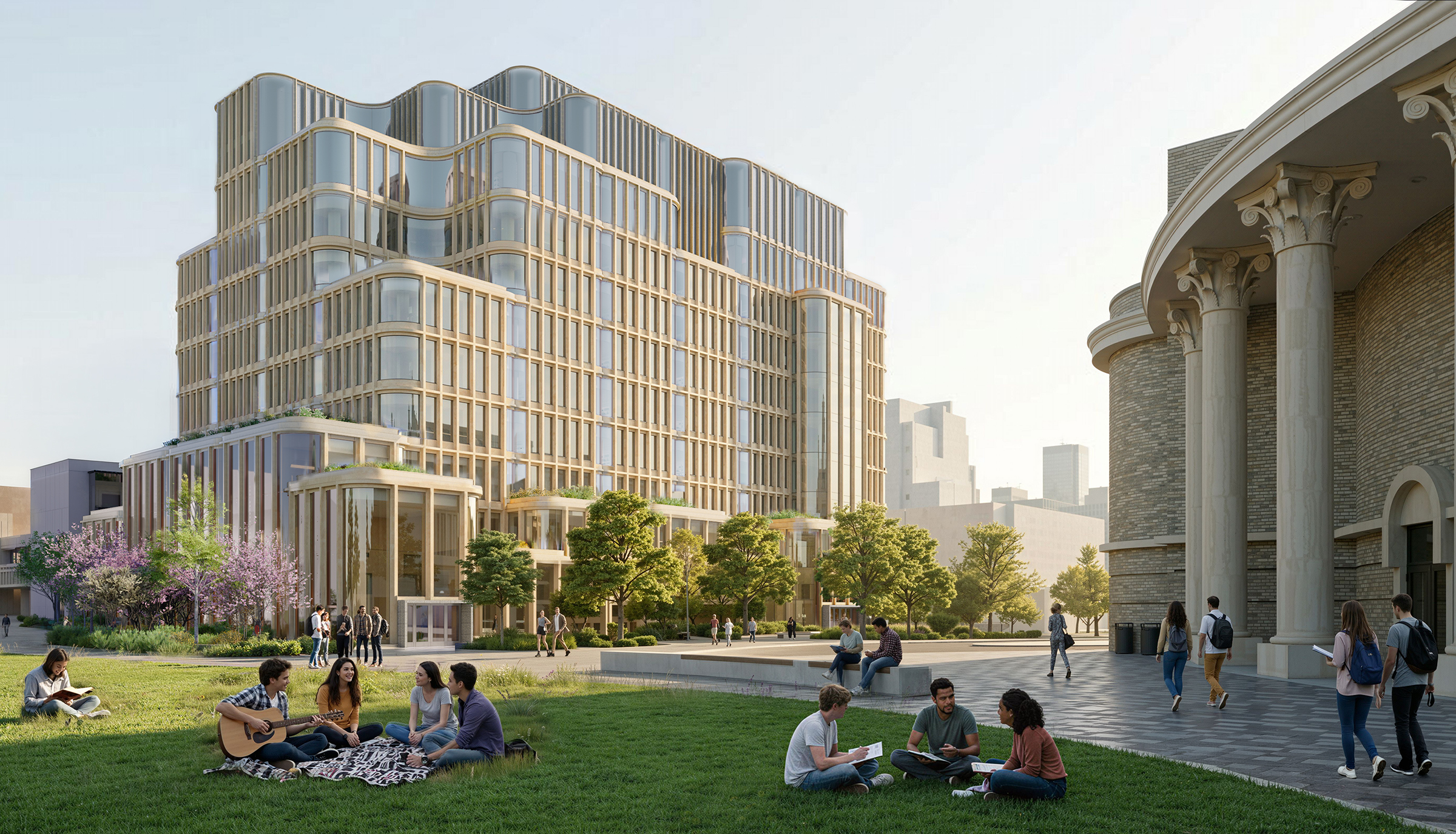 Temerty Building rendering with curved facade overlooking University of Toronto green