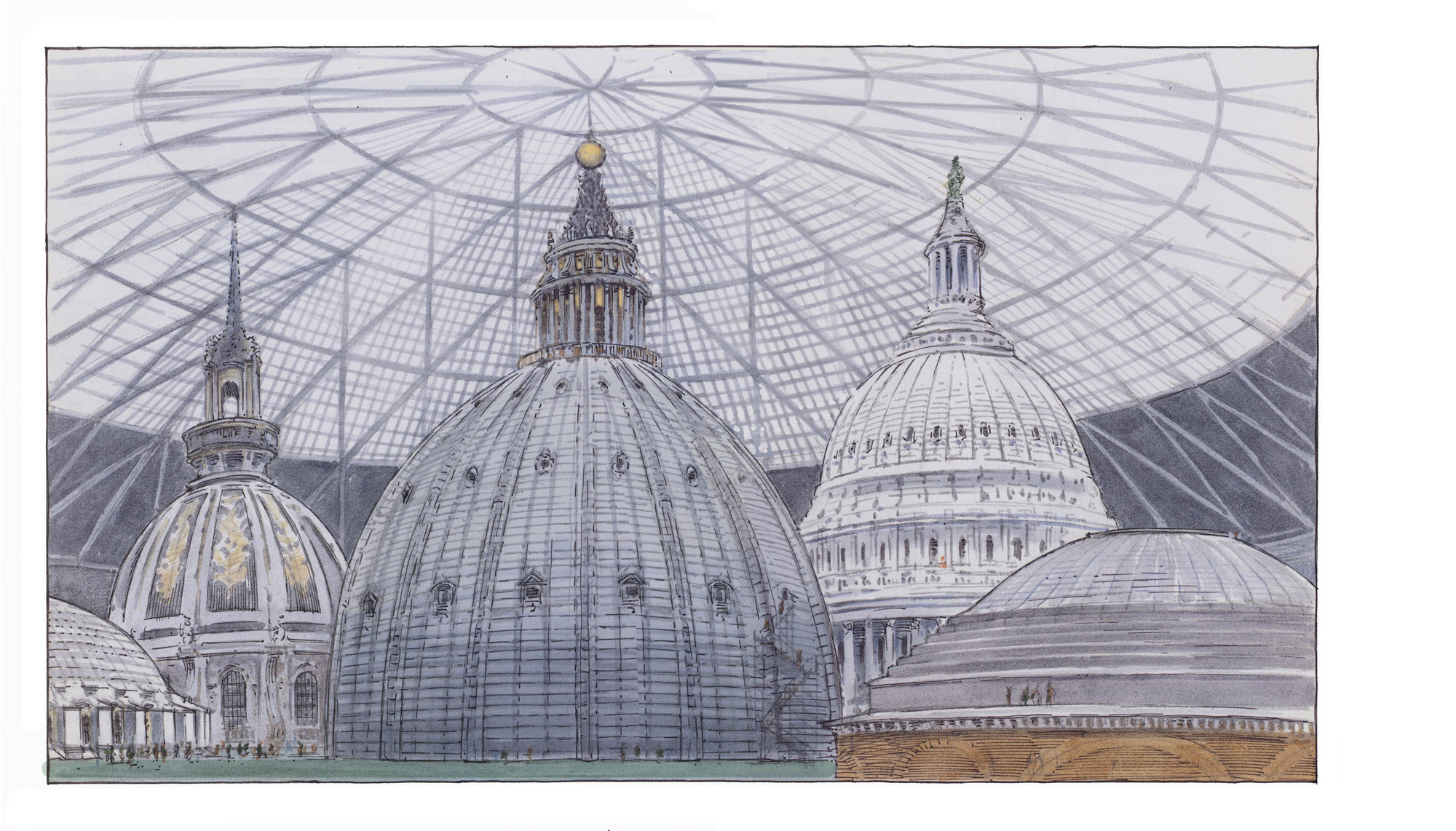 a David Macaulay pencil drawing of domes