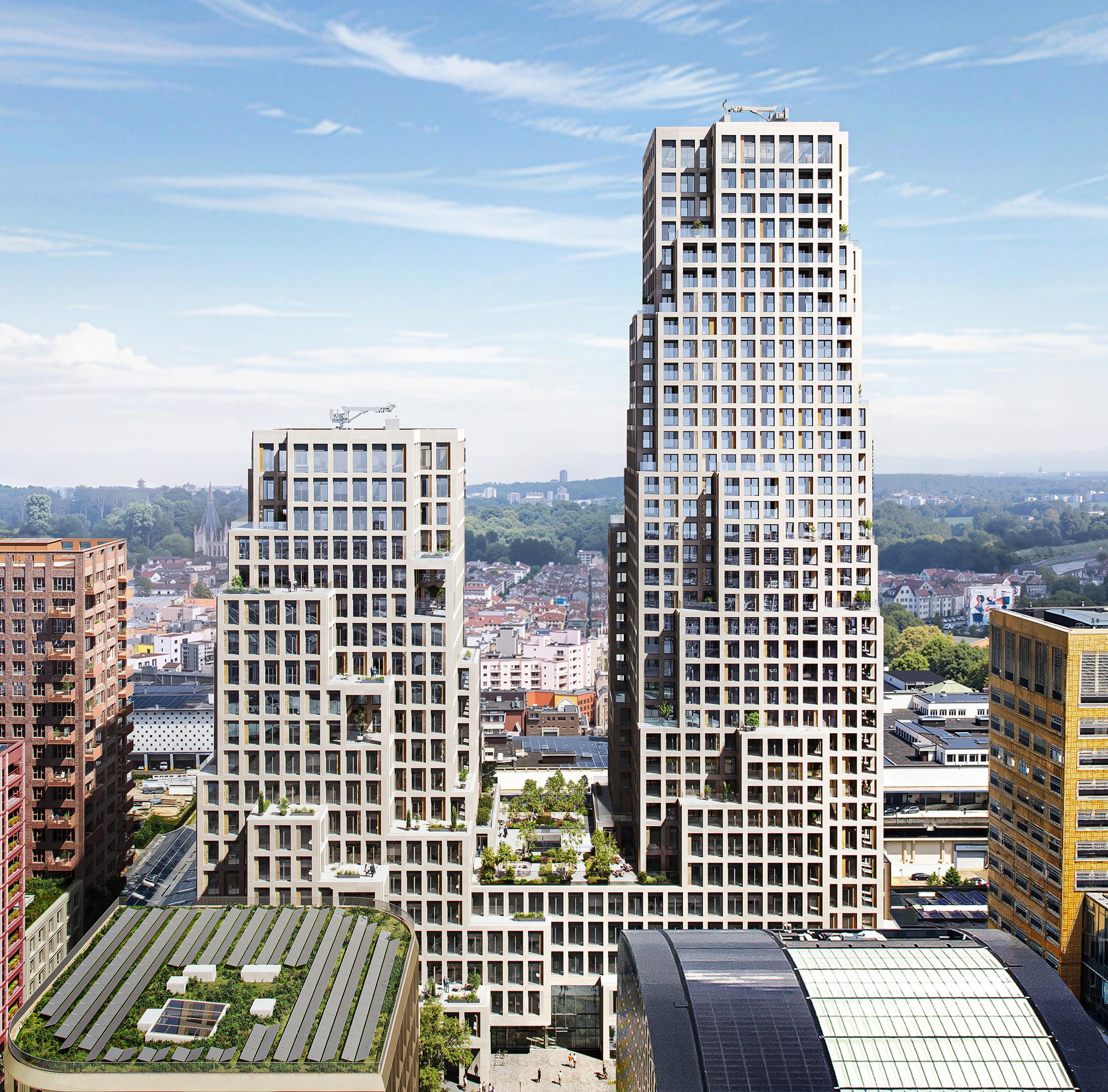 Dual towers connected by a multi-story podium in Brussels