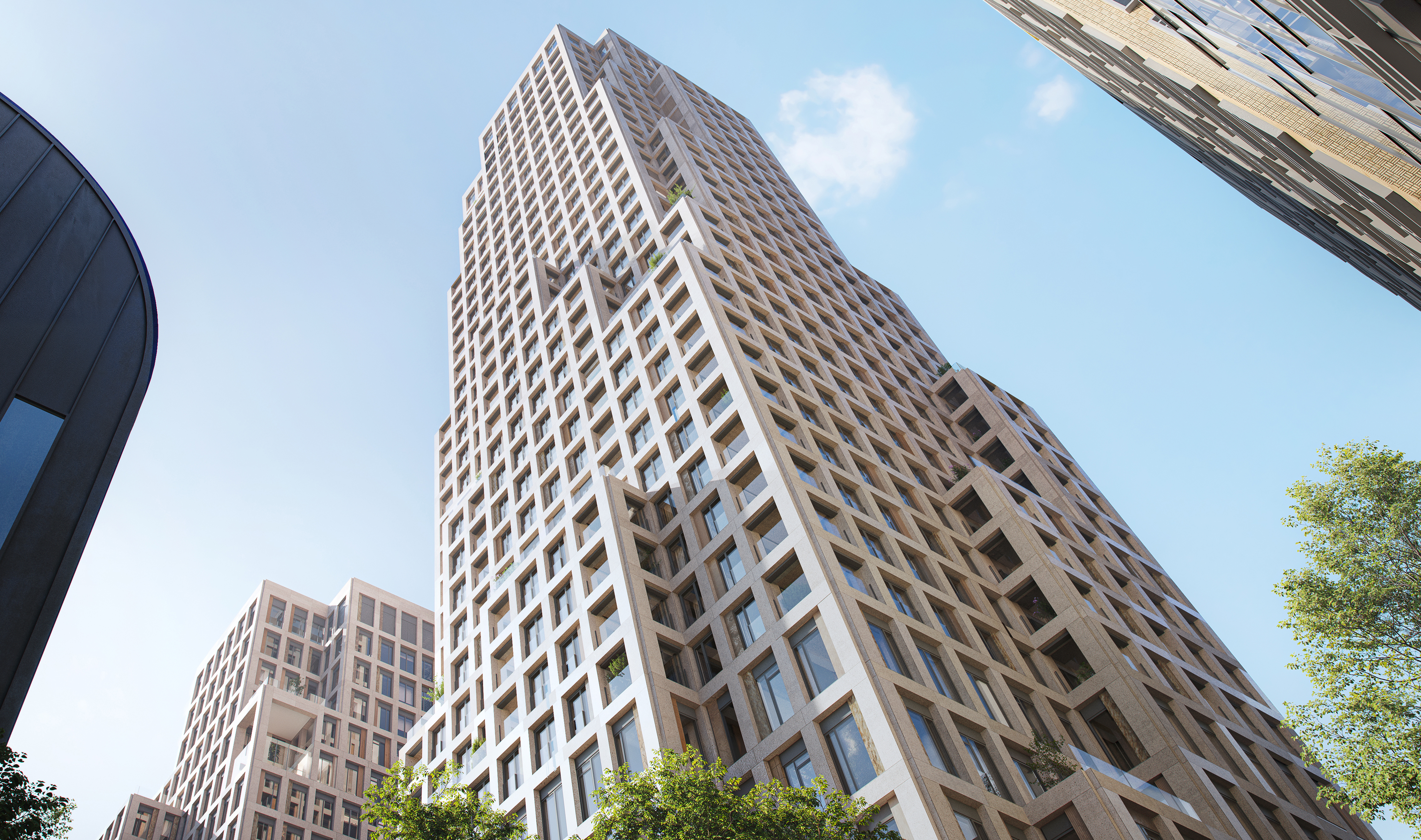 Stepped high-rise tower rises above trees in Brussels neighborhood
