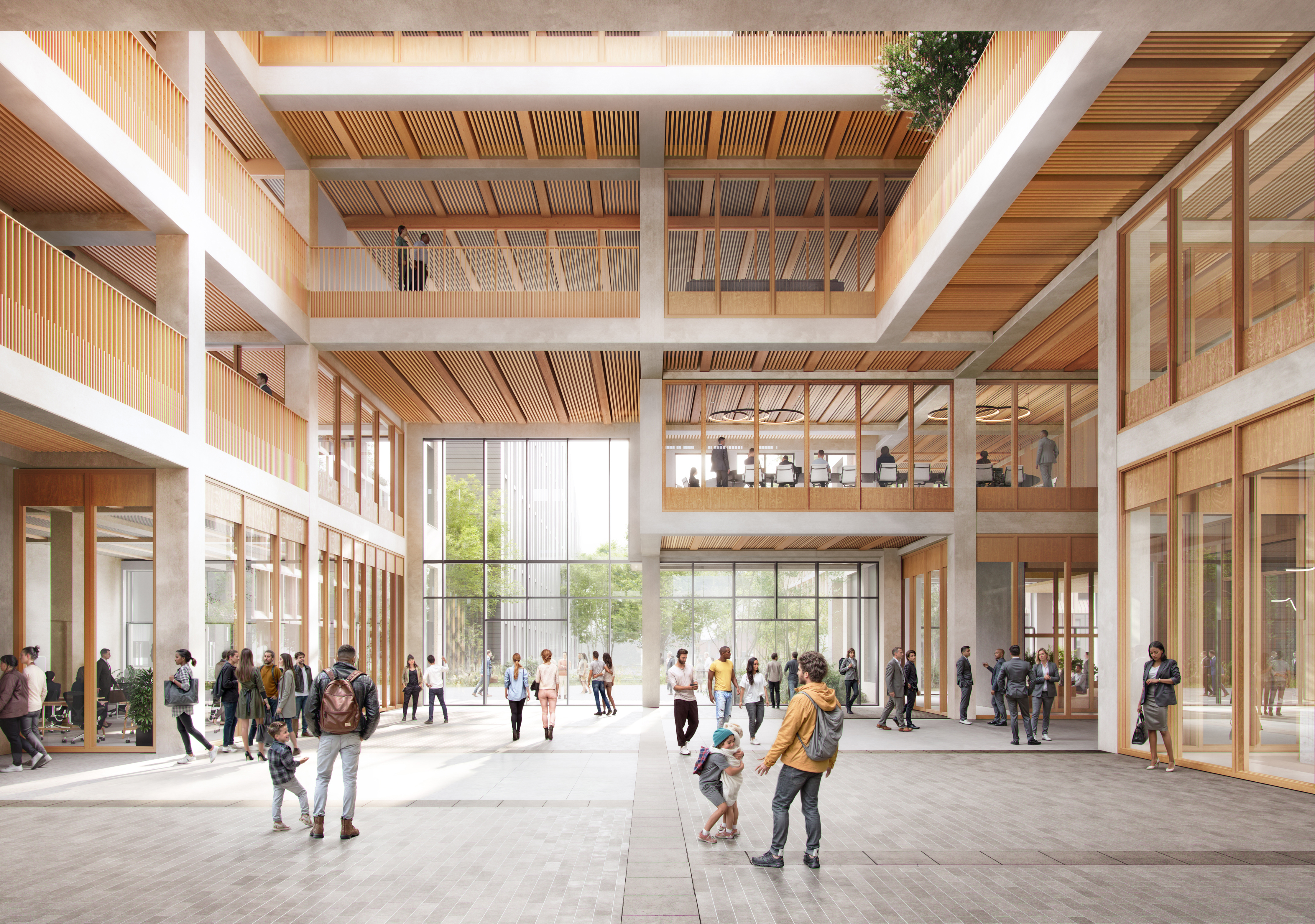 People walk through a large multistory atrium with timber finishes