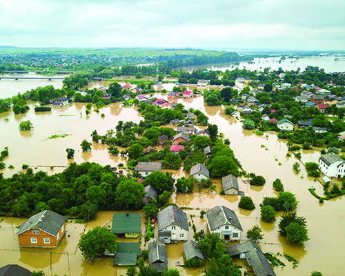 Aerlai over a residential neighborhood of a flood scene