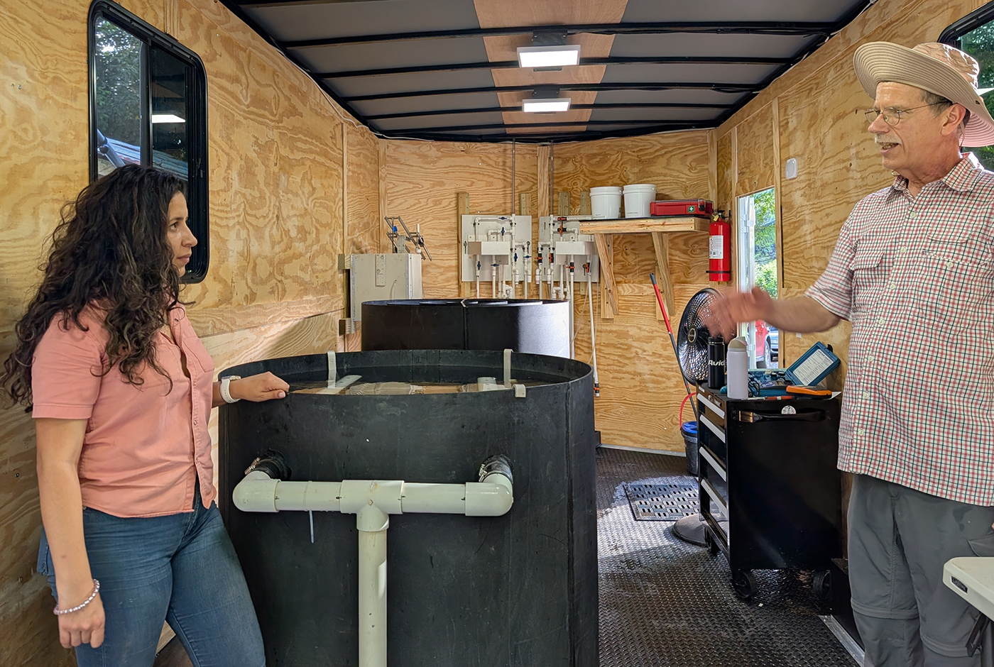 Portable water treatment equipment inside AguaClara PF-70 trailer