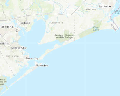 Map of the Texas Gulf coast area in case study of modeling future flooding 