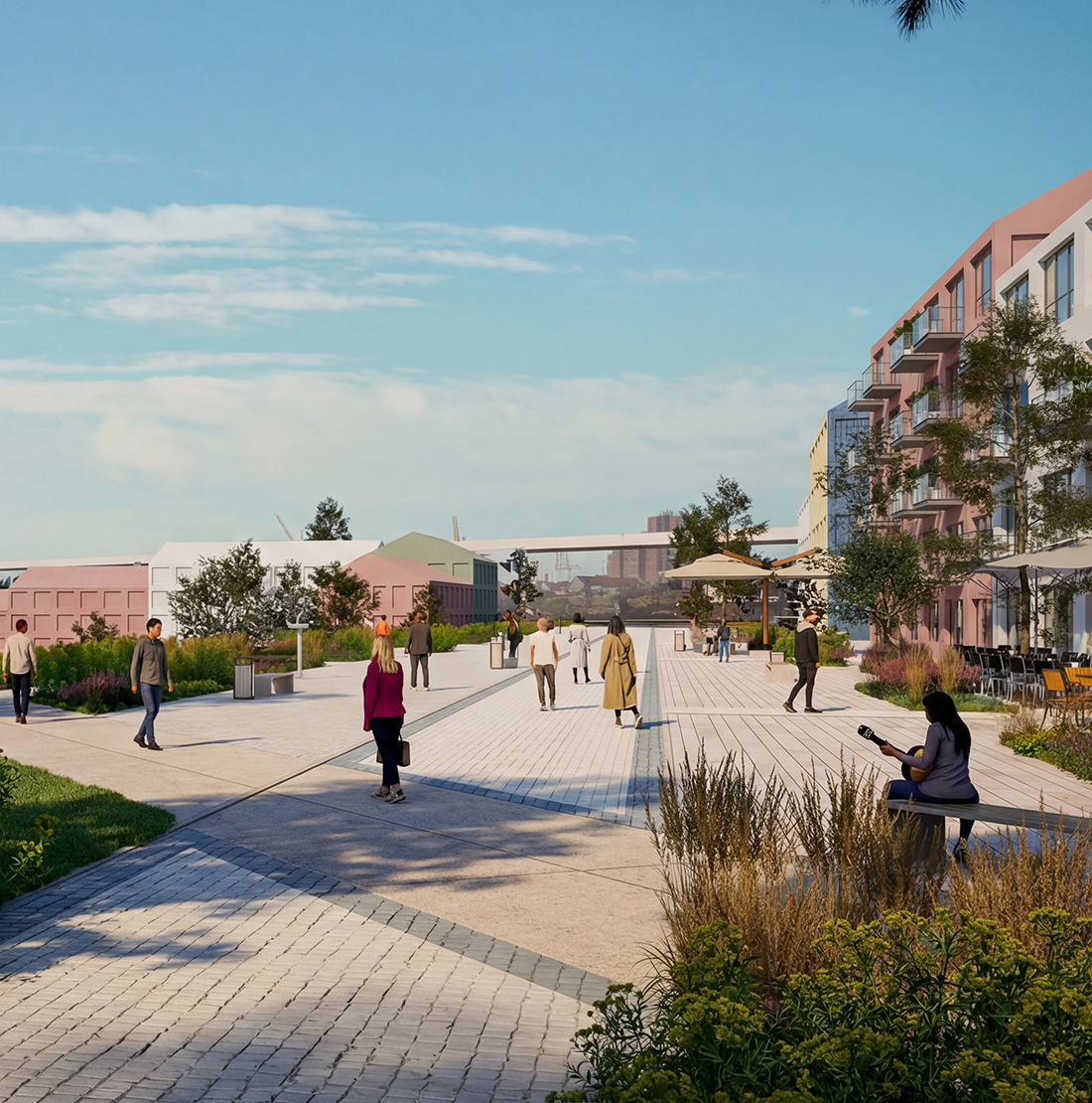 Landscaped pedestrian promenade connecting new residential development in Marvila