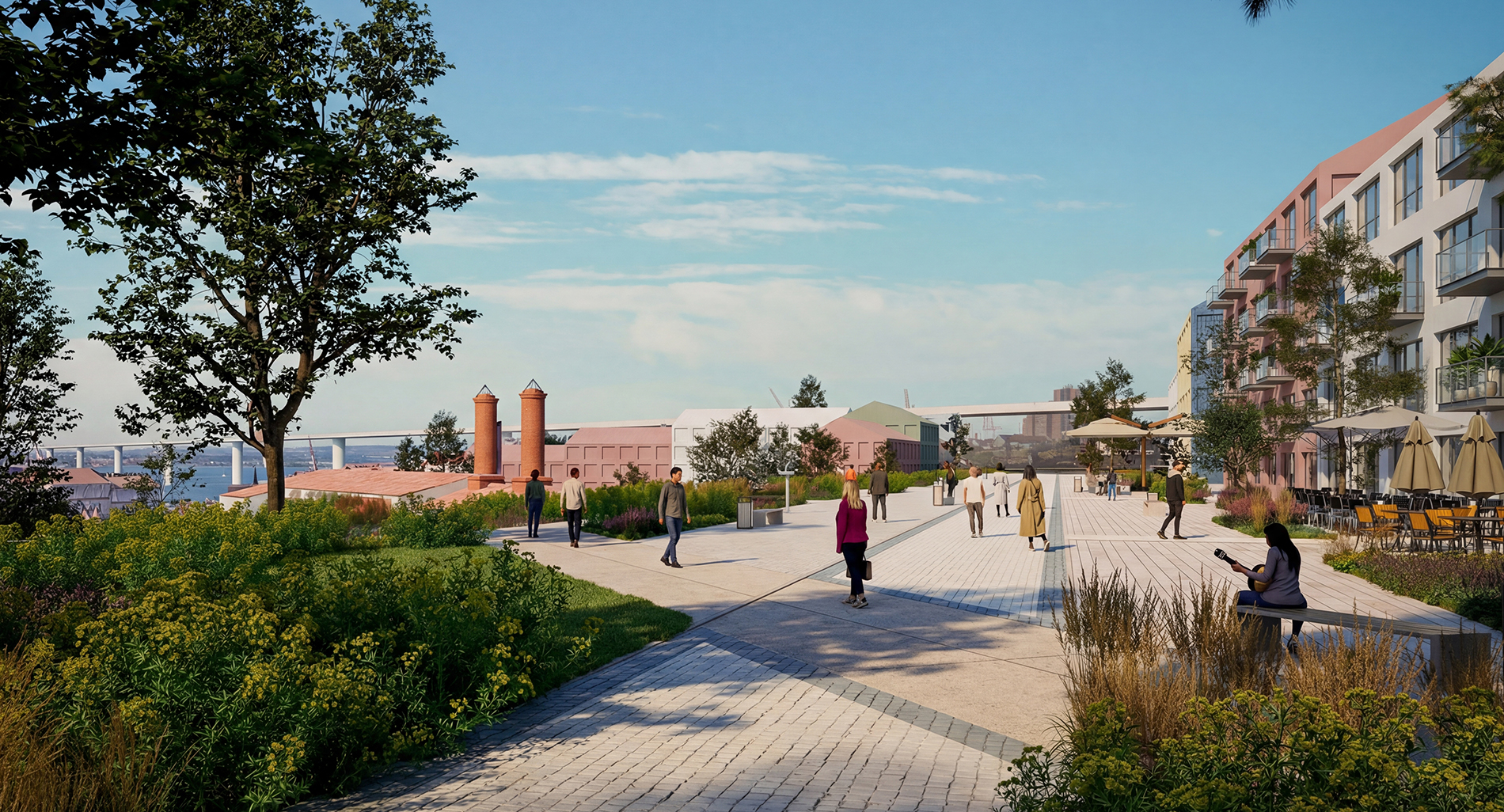 Landscaped pedestrian promenade connecting new residential development in Marvila