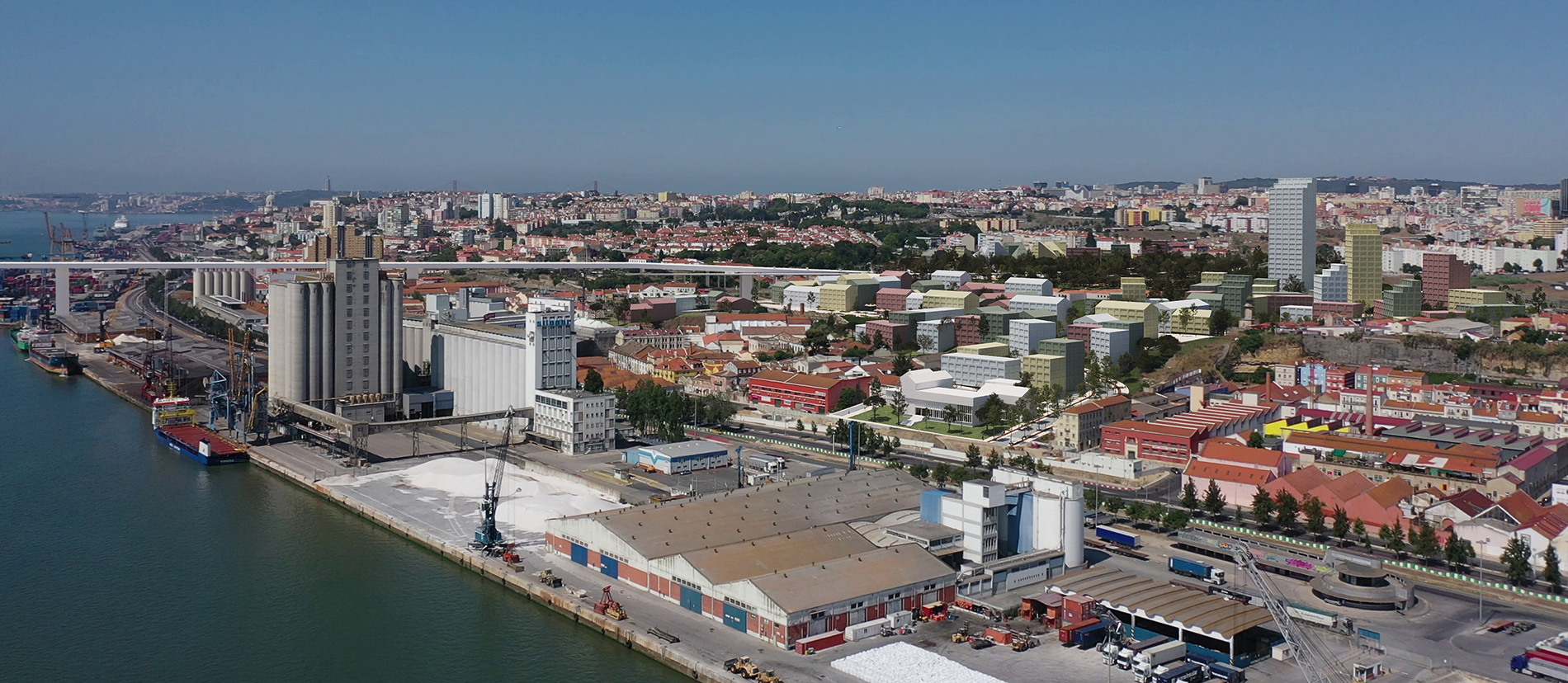 Industrial waterfront district in Lisbon with warehouses and dense housing