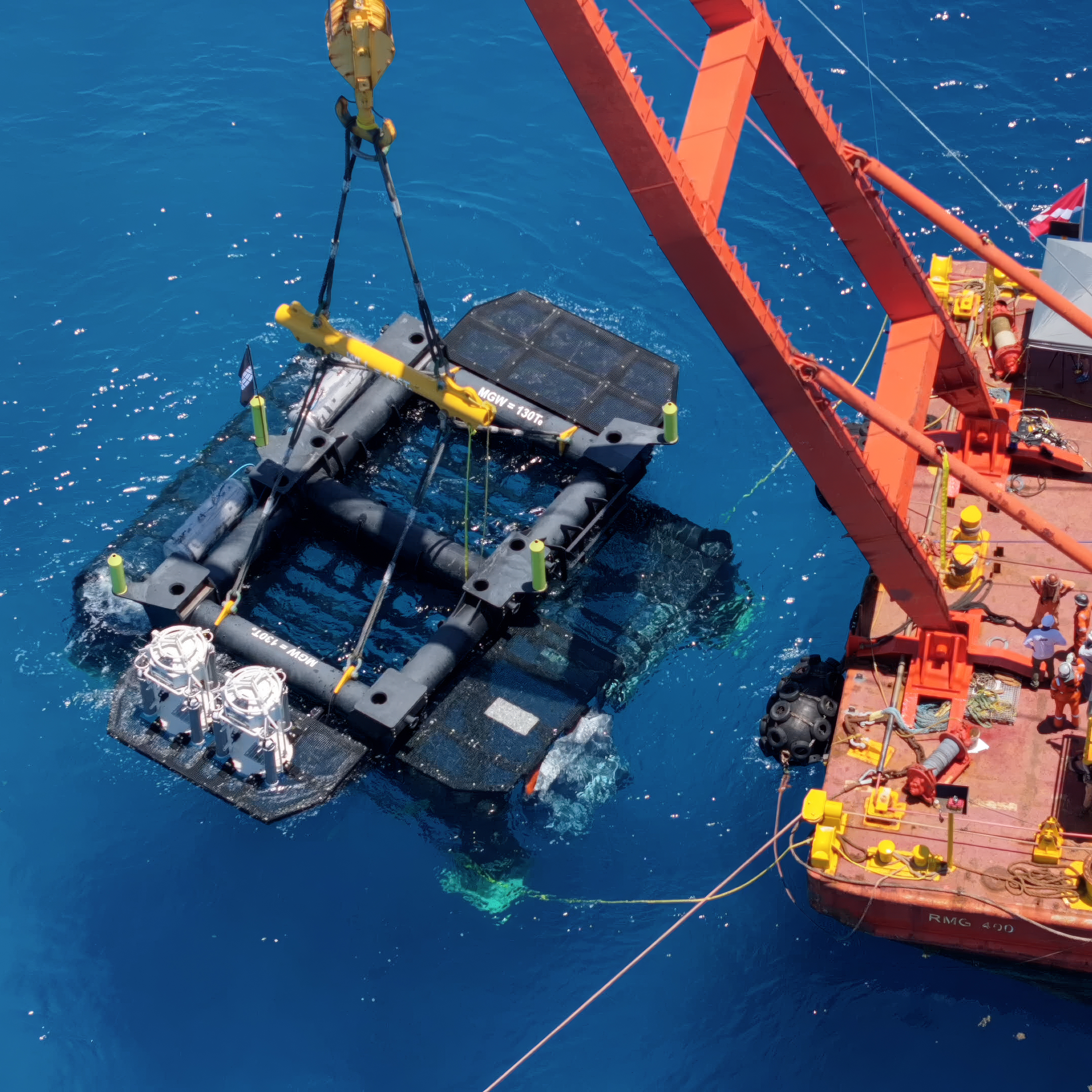 Crane barge lowers Vanguard habitat onto seabed foundation