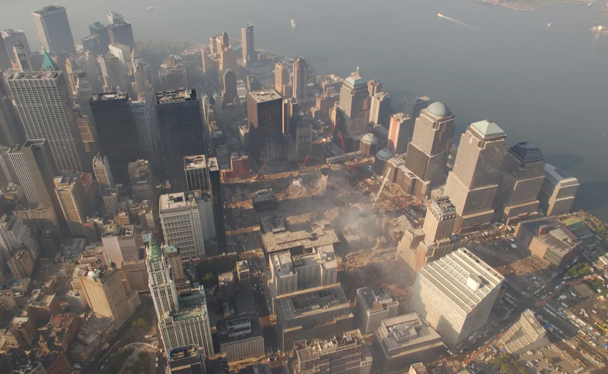 Aerial view of World Trade Center site during recovery efforts