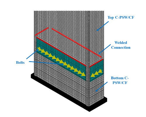 Model of a wall panel showing horizontal welded and bolted connections