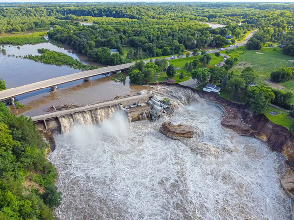Aerial of a partial dam collapse in Minnesota, 2024