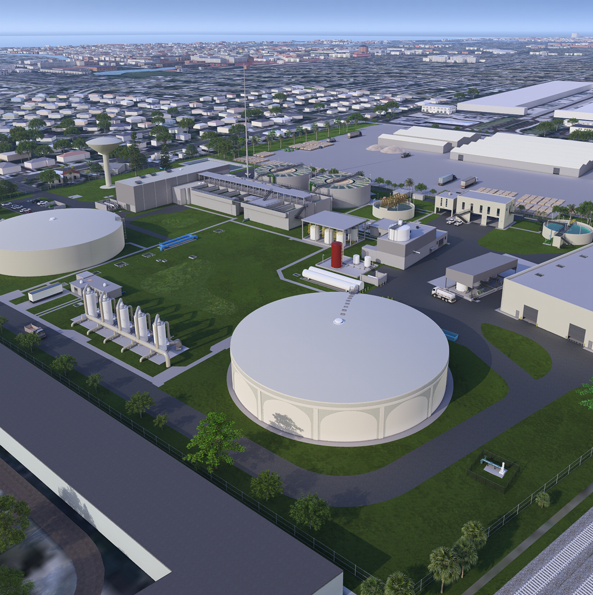 Aerial rendering of water treatment plant with tanks and buildings