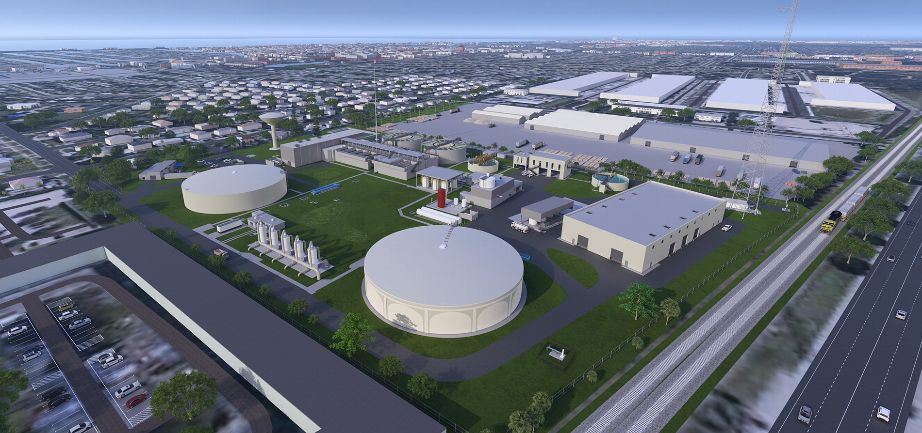 Aerial rendering of water treatment plant with tanks and buildings