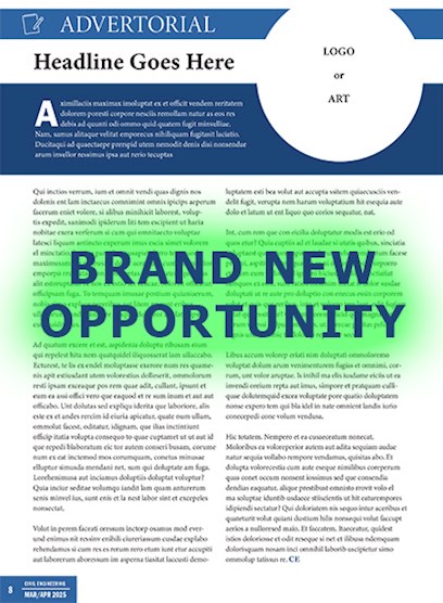 civil engineering magazine advertorial layout sample - with text over lay "Brand New Opportunity"