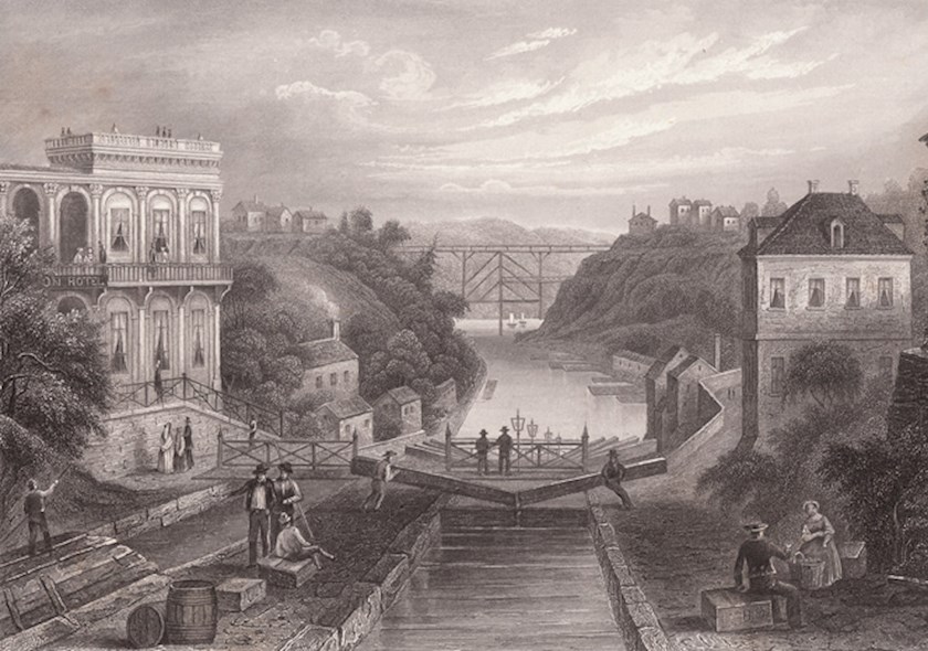 Lithograph of the Erie Canal at Lockport, New York c.1855. Published for Herrman J. Meyer, 164 William Street, New York City.