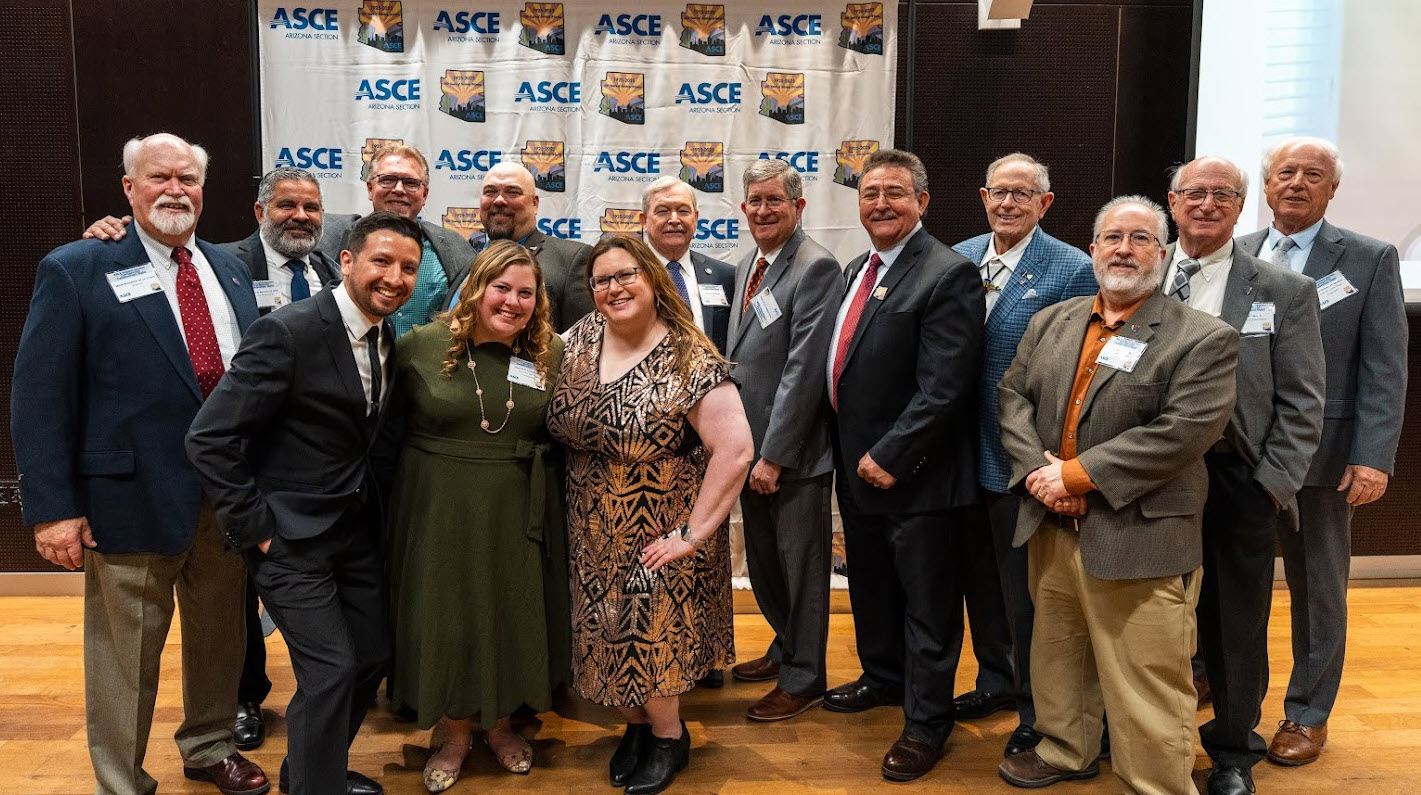 Arizona Section 2025 President Stephanie Templeton, front row second, and 2024 President Larry Hanson, far right, join other centennial committee members during the section’s major gala in April at Arizona State University in Tempe
